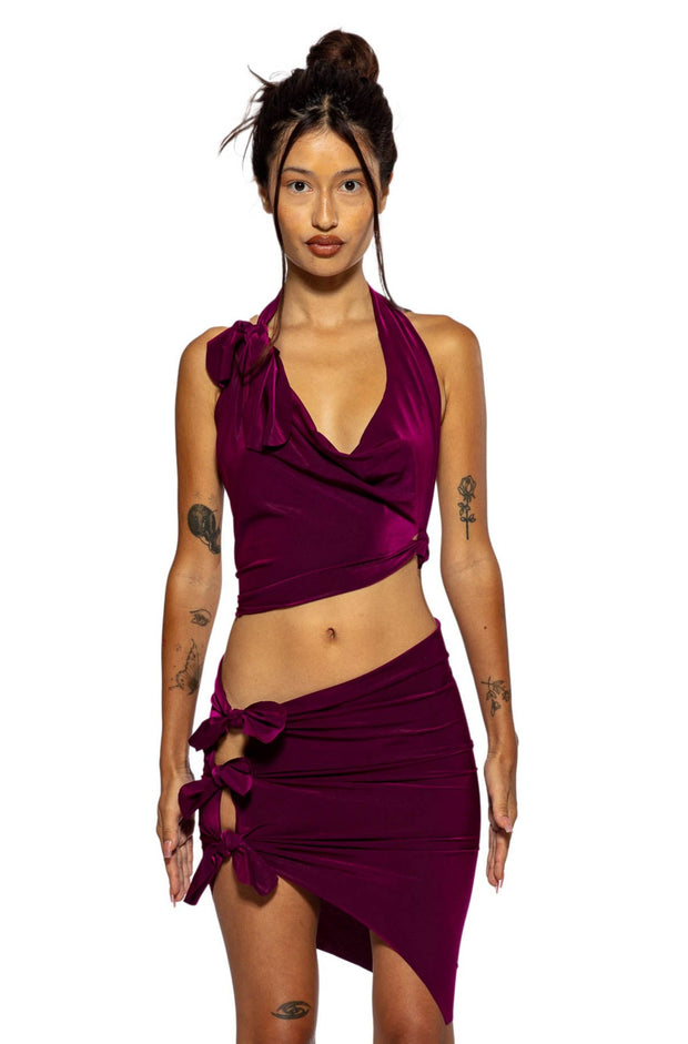 TIED UP HALTER IN IRIDESCENT ORCHID