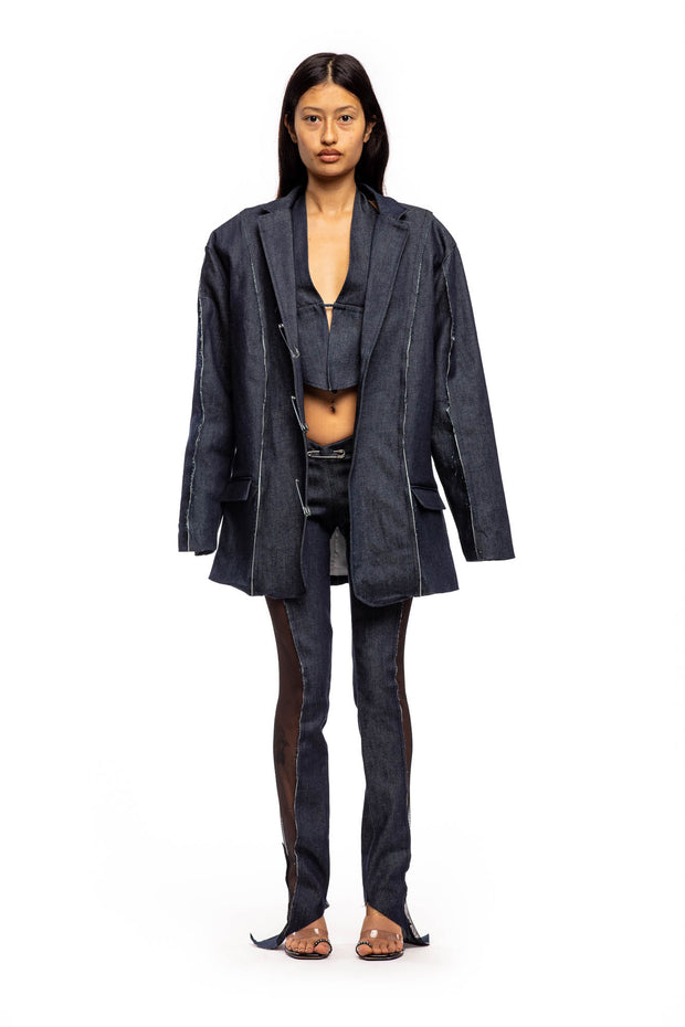 OPEN SEAM OVERSIZED BLAZER IN RAW DENIM