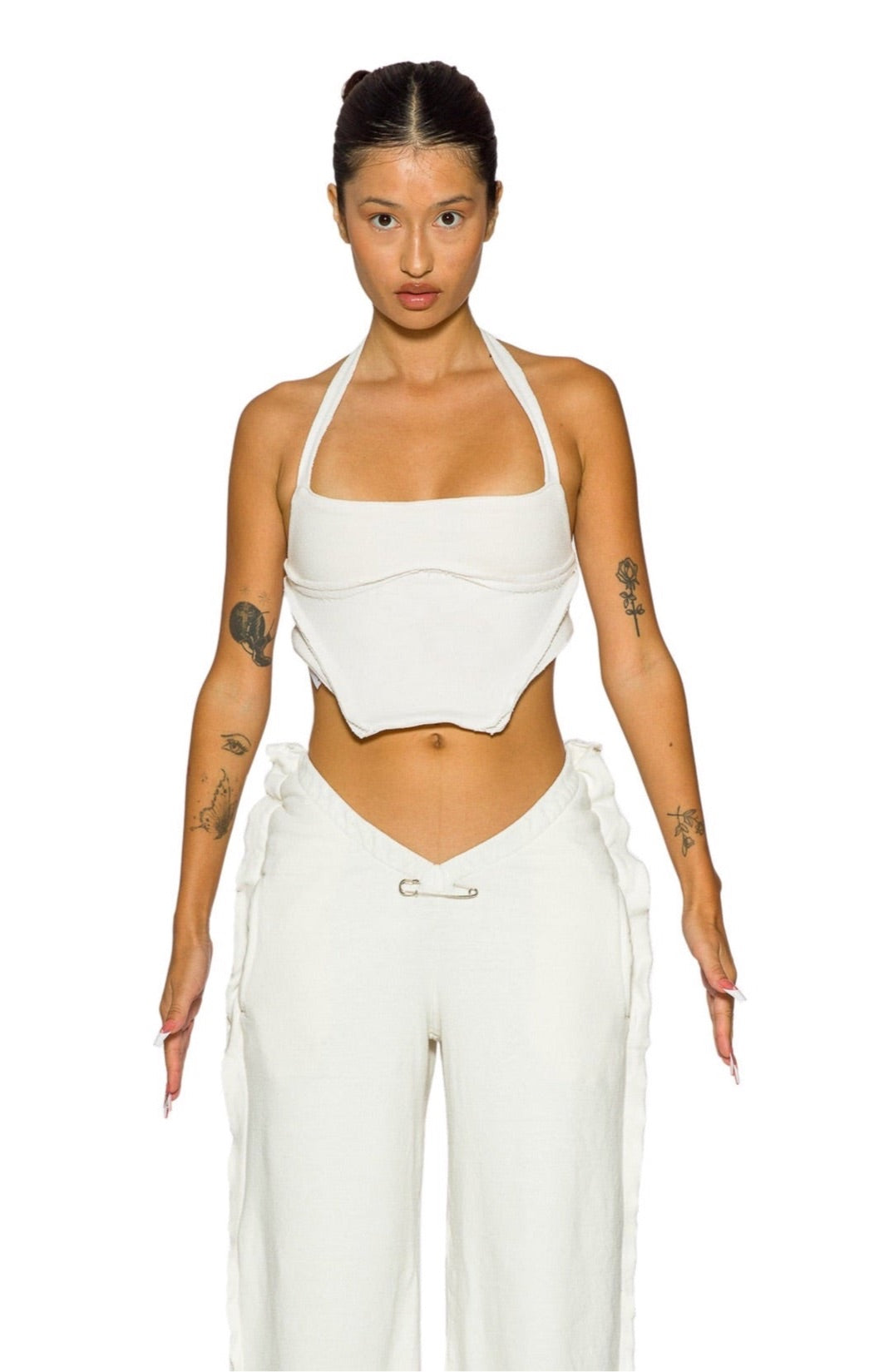 OPEN SEAM BACKLESS HALTER TOP IN WHITE TERRY