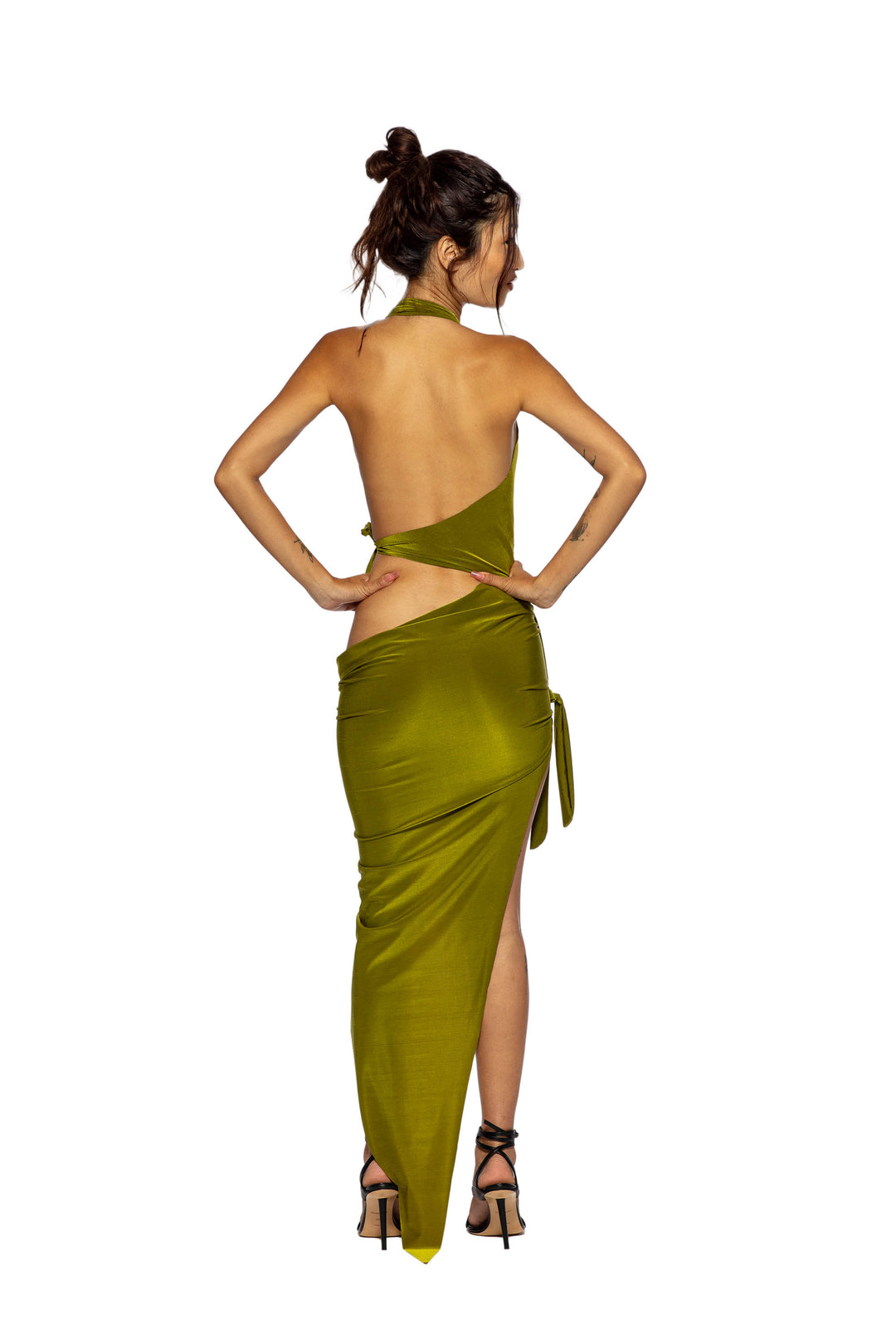 TIED UP ASYMMETRIC CUTOUT DRESS IN IRIDESCENT KELP