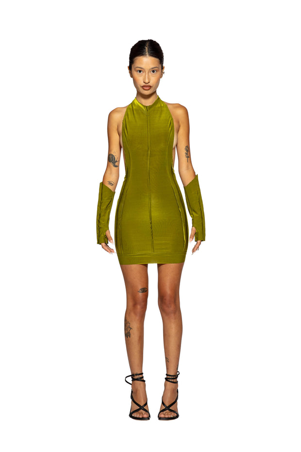 OPEN SEAM LOW BACK HALTER DRESS IN IRIDESCENT KELP