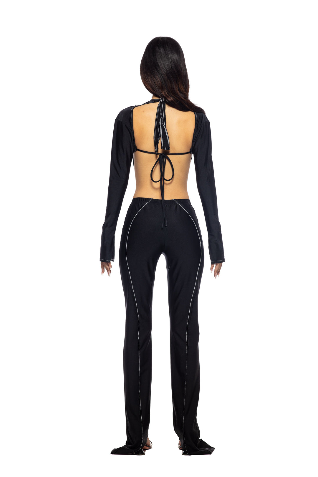 LONG SLEEVE BUTTERFLY HALTER IN BLACK STRETCH