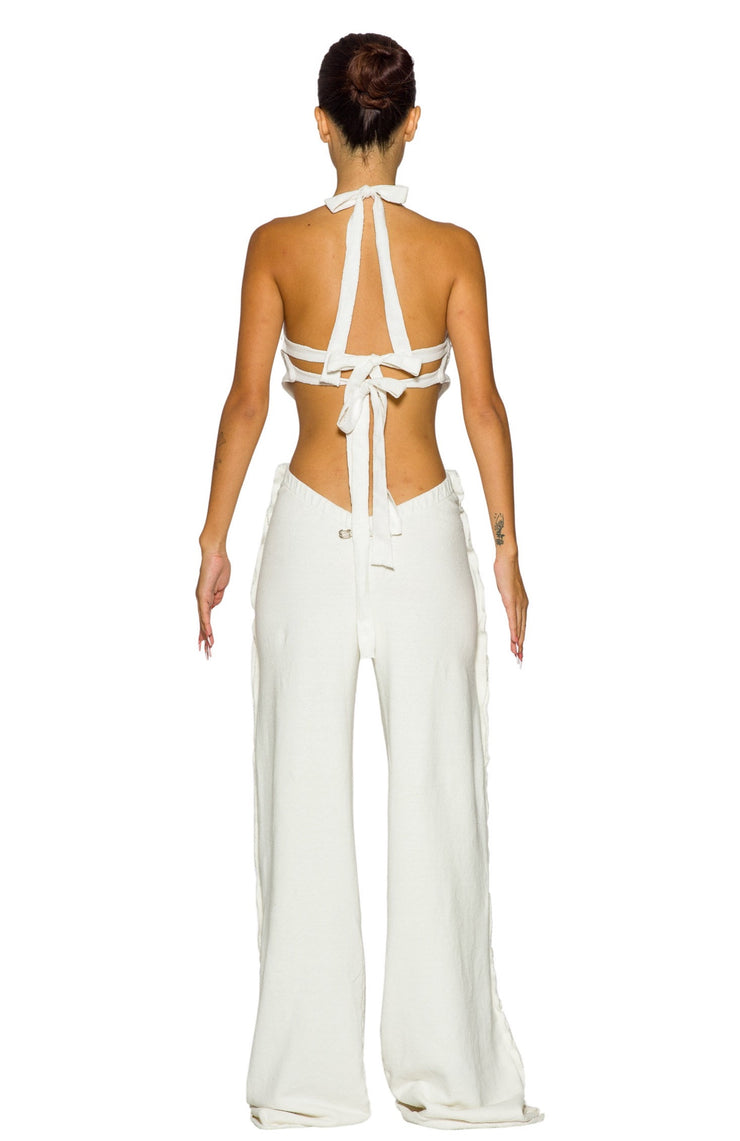 OPEN SEAM BACKLESS HALTER TOP IN WHITE TERRY