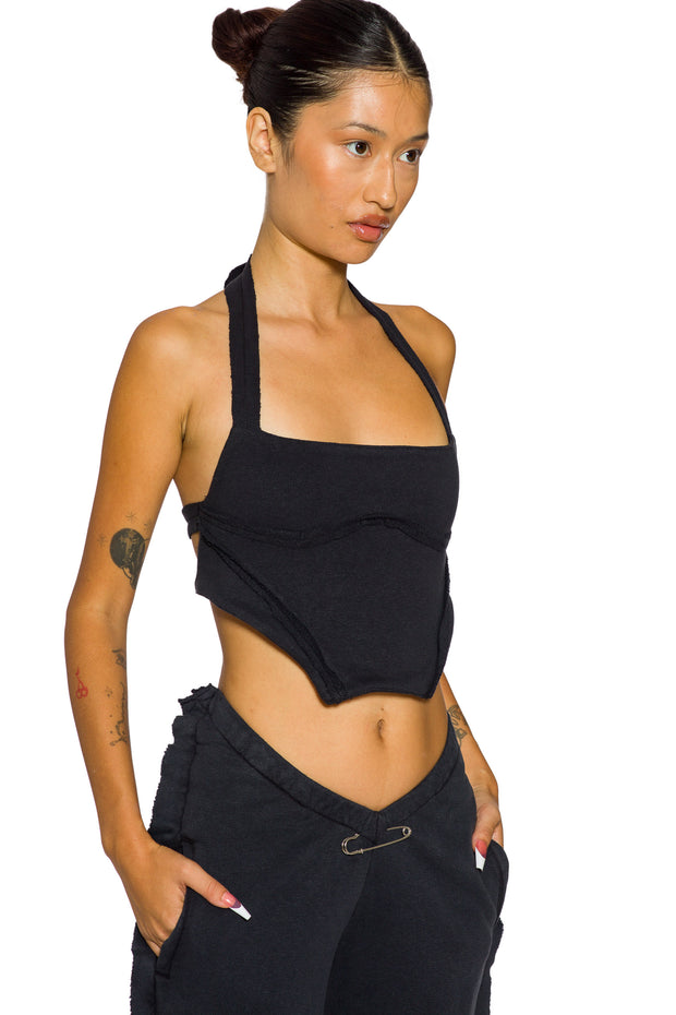 OPEN SEAM BACKLESS HALTER TOP IN BLACK TERRY