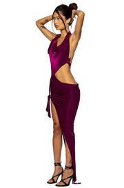 TIED UP ASYMMETRIC CUTOUT DRESS IN IRIDESCENT ORCHID