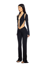 LONG SLEEVE BUTTERFLY HALTER IN BLACK STRETCH