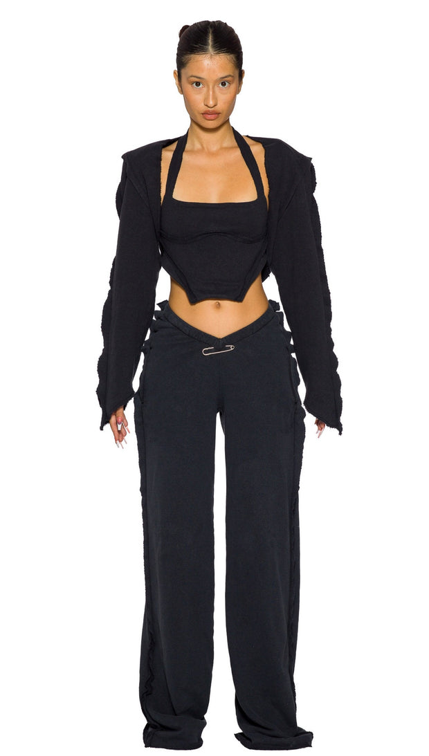 DOUBLE V OPEN SEAM SWEATPANTS IN BLACK TERRY