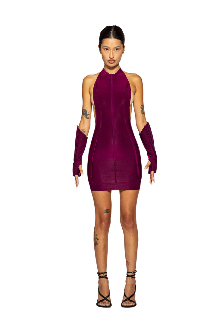 OPEN SEAM LOW BACK HALTER DRESS IN IRIDESCENT ORCHID