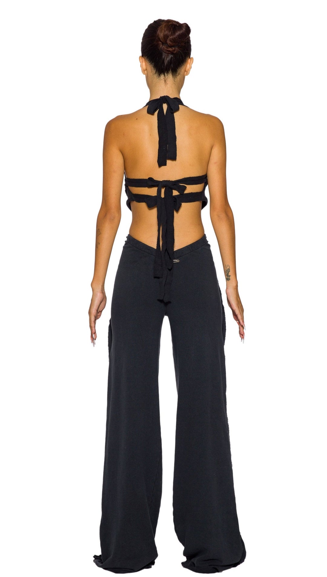 OPEN SEAM BACKLESS HALTER TOP IN BLACK TERRY