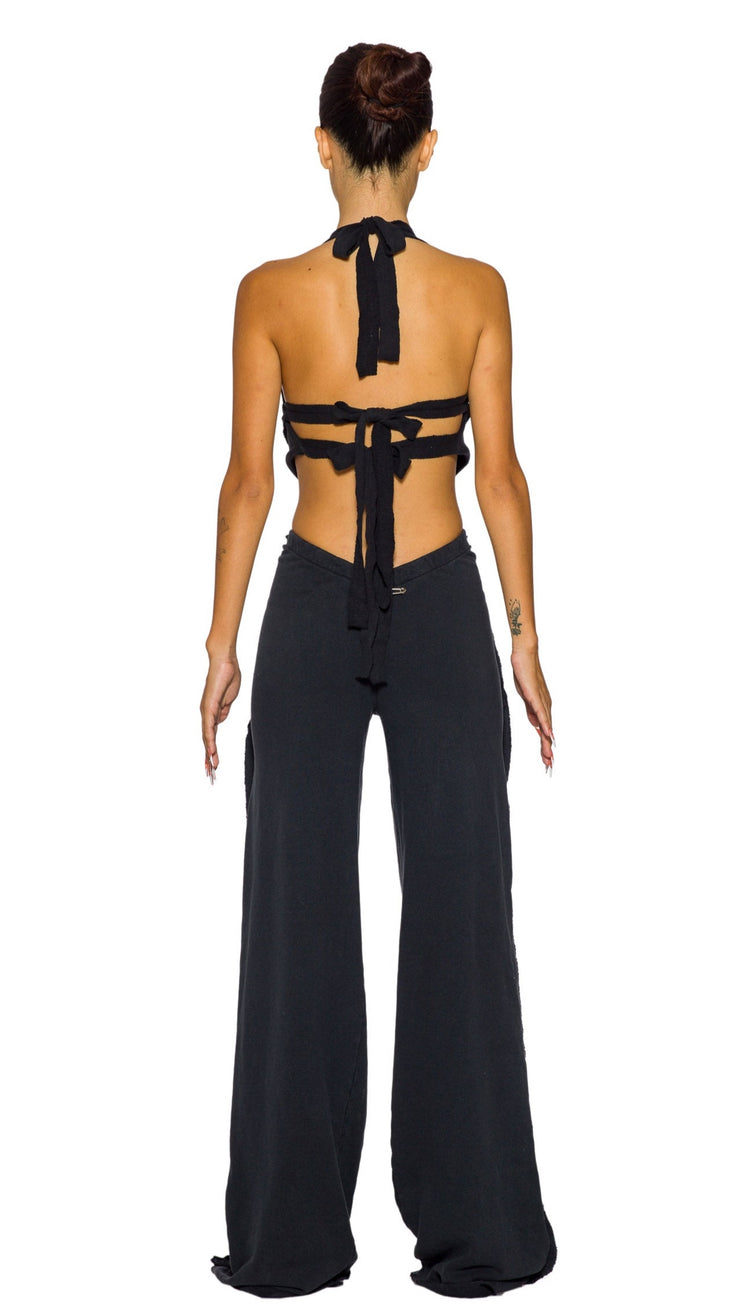 OPEN SEAM BACKLESS HALTER TOP IN BLACK TERRY